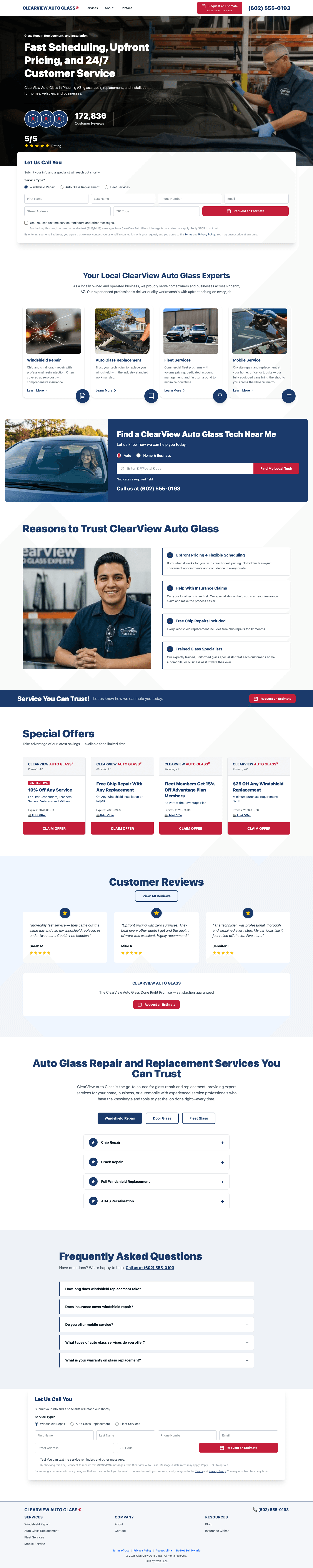 Full-page preview of the ClearView Auto Glass demo website