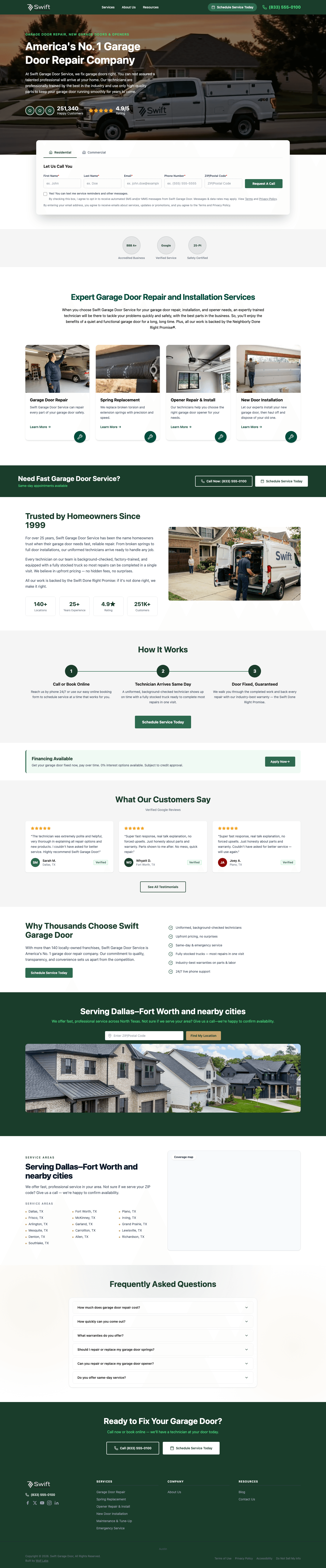 Full-page preview of the Swift Garage Door demo website