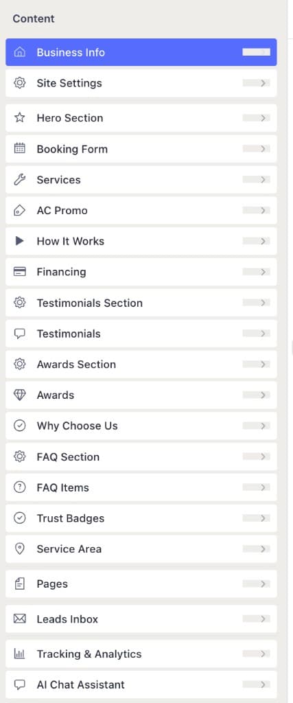 Wolf Labs admin portal content menu with business info, services, leads inbox, and tracking