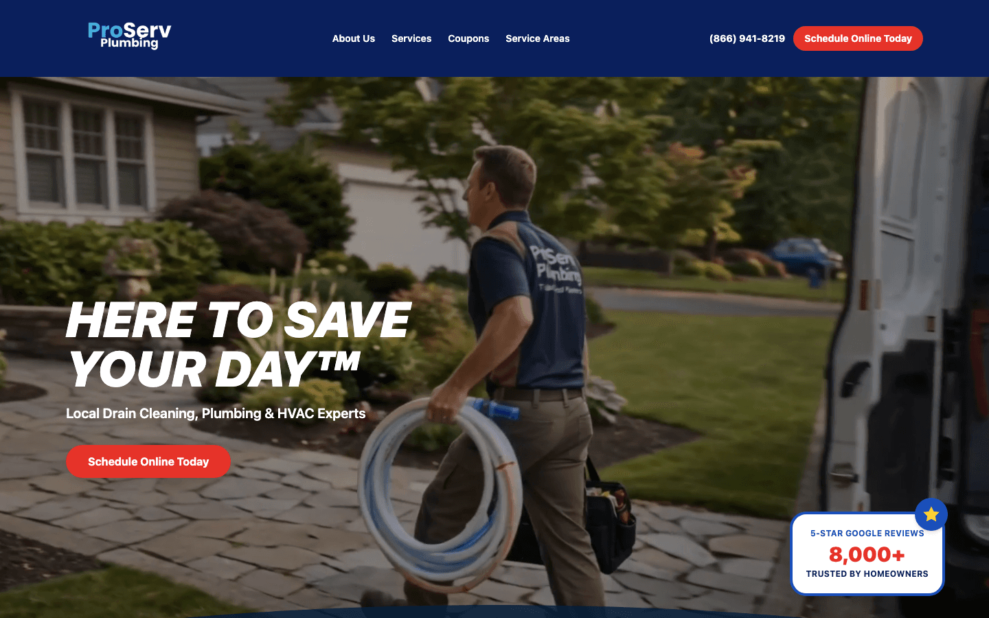 Above-the-fold hero of the ProServ Plumbing website built by Wolf Labs