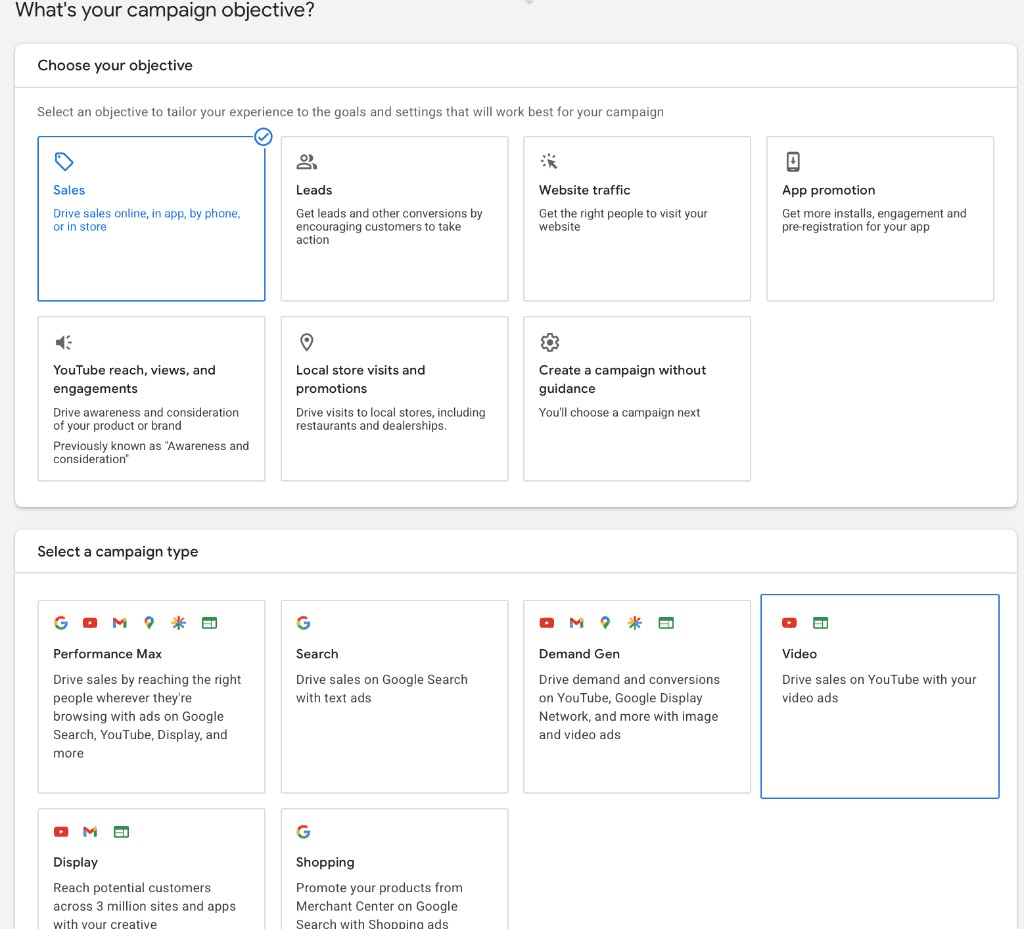 Google Ads campaign setup screen for choosing a campaign objective and campaign type