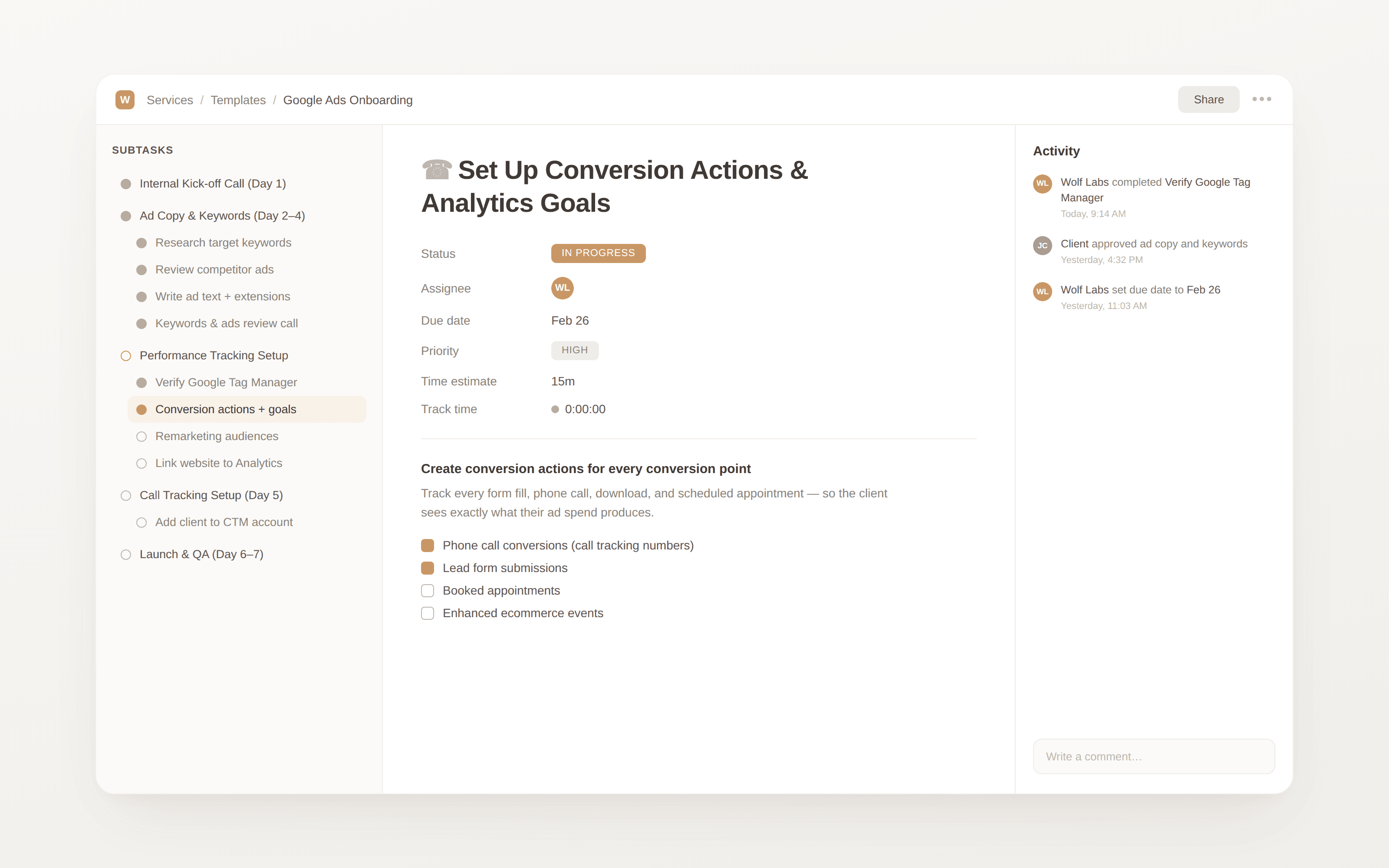 Wolf Labs onboarding checklist for a Google Ads launch, with conversion tracking subtasks, status, and activity log